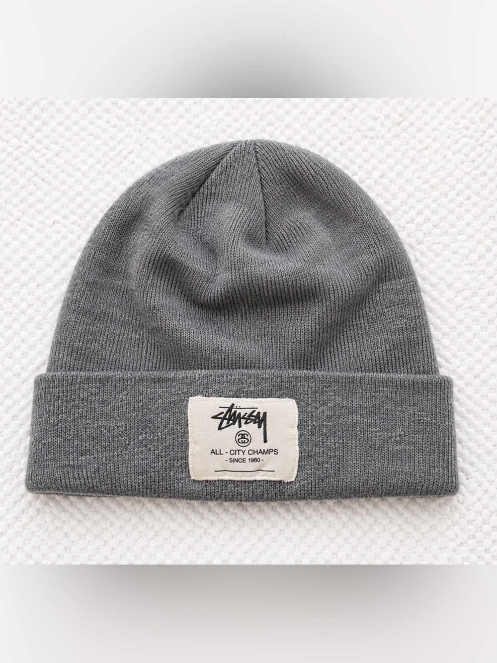 Stüssy Vintage All City Champs Gray Knit Beanie Hat Logo Patch One Size